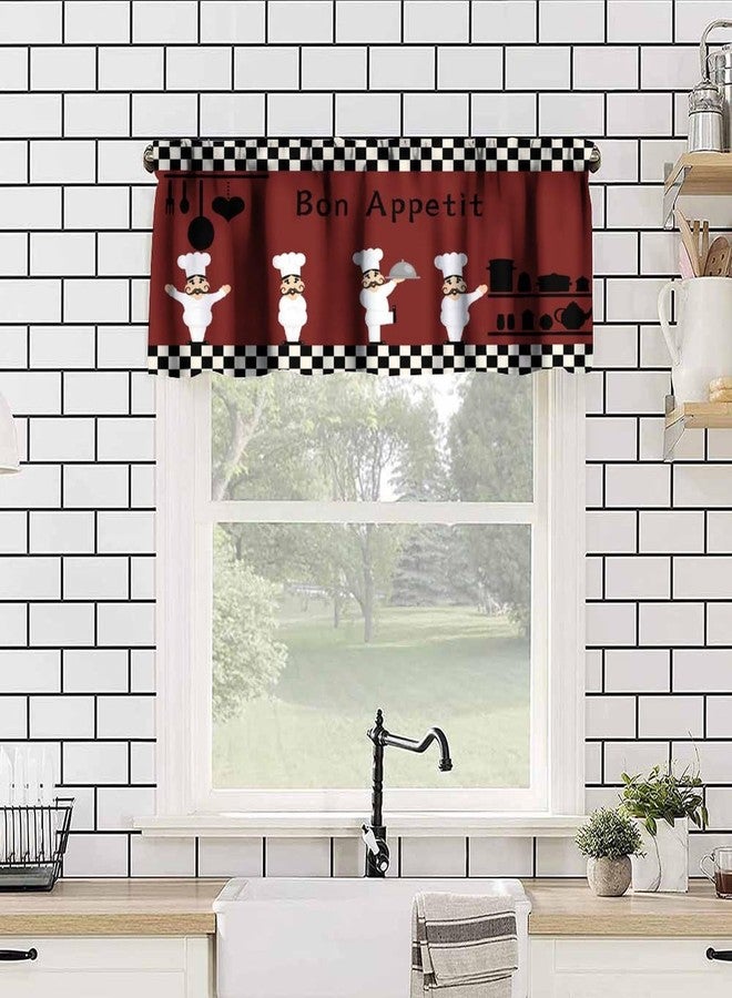 KANEPE Chef Valances Curtain for Kitchen, Cartoon Kitchen Chef White Black Lattice Red Background Window Treatment Valances Short Curtains Rod Pocket Drape for Dining Room Home Decor, 54x18inch - Image 5